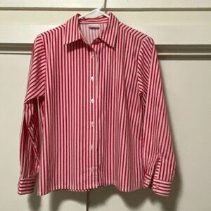 American Sweetheart, red & white vertical striped, button-down blouse, size S